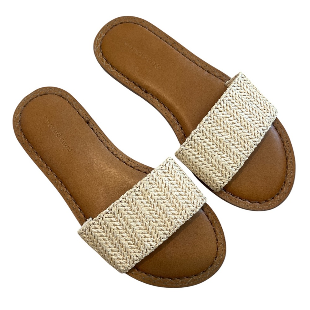 Vineyard Vines Raffia Woven Jute Leather Slide Sandals